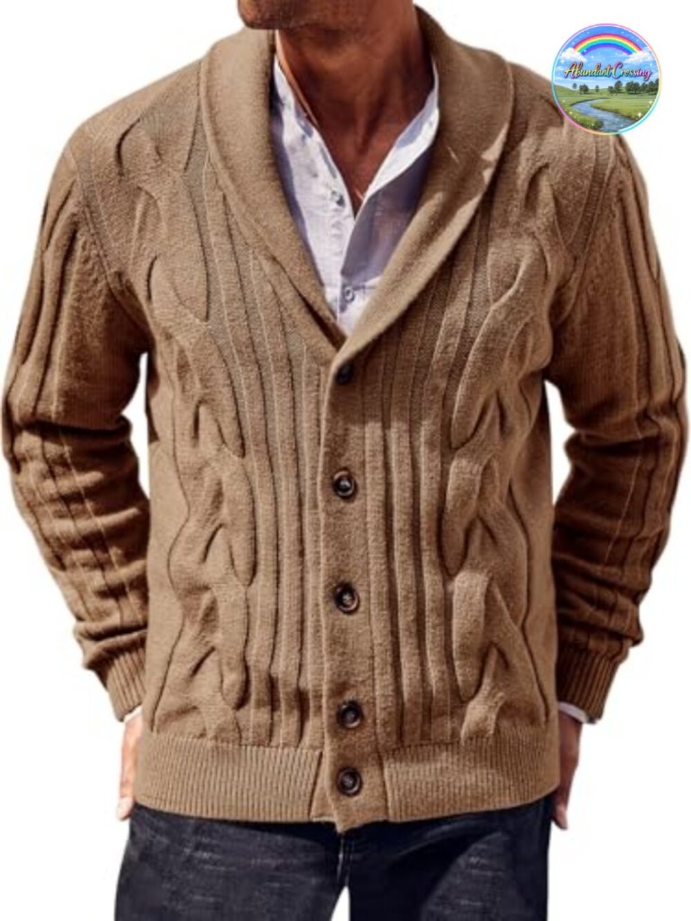 Mens Cable Knit Cardigan Sweater Shawl Collar Button Down Loose Fit Casual